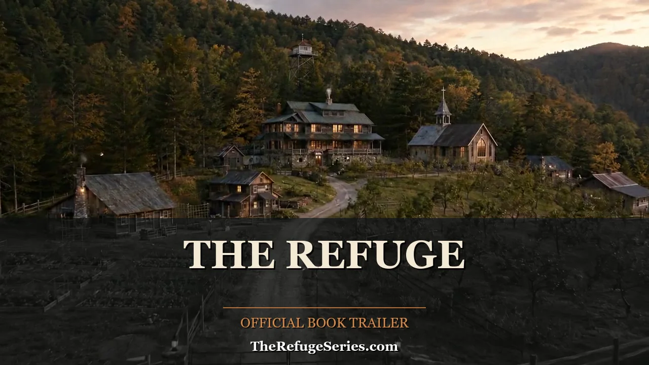 The Refuge &mdash; the lodge, chapel and watchtower at dusk. Official book-trailer poster.